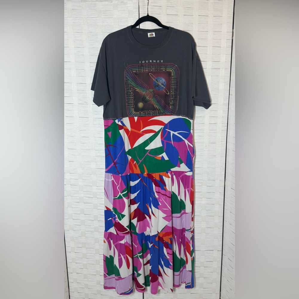 Upcycled Journey Graphic‎ Colorful Floral Boho Tiered T-Shirt Maxi Dress